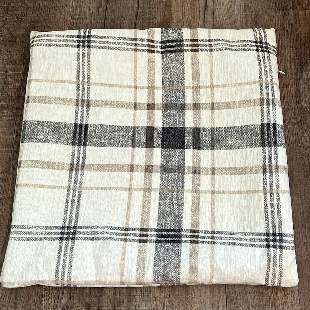 Farmhouse Tartan Chenille Ivory, Grey and Beige Pillow Cover - Set of Two